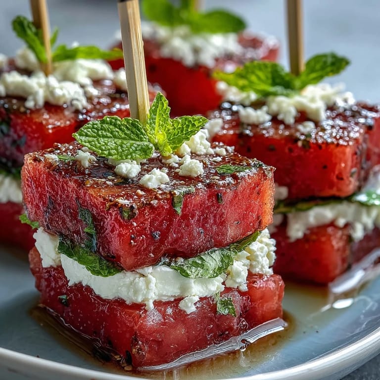 Sweet watermelon feta bites, a delightful no-cook, gluten-free party starter.