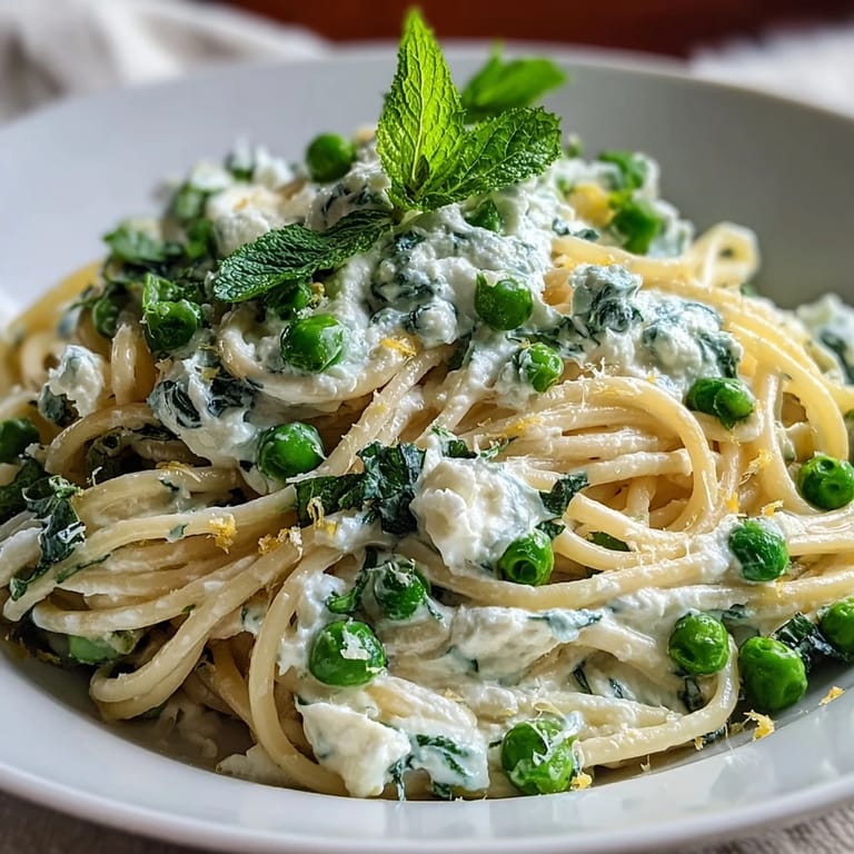 A close-up of Lemon Ricotta Pasta with Peas, easily made with fresh, zesty flavors.