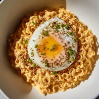 Steaming bowl of Instant Cheese Ramen, creamy with melted cheese and a soft poached egg.