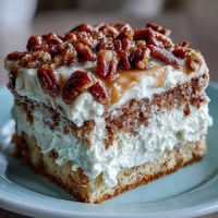 Freshly baked Butter Pecan Tres Leches Cake soaked in a creamy milk mixture, topped with sweet whipped cream and glossy caramelized pecans.