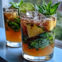 Pineapple Basil Agua Fresca in a clear pitcher with fresh basil leaves and lime slices on the rim of a glass.