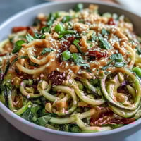 Healthy Easy Zucchini Noodle Stir-Fry with Peanut Sauce, packed with crisp veggies and creamy peanut sauce in a vibrant, colorful bowl.