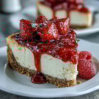 Festive no-bake cheesecake flag cake with fresh blueberries and strawberries arranged in patriotic stripes for Fourth of July celebrations.