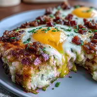 Hearty Amish breakfast casserole with crispy hash browns, savory sausage, and melted cheese, baked to golden perfection for a satisfying morning meal.