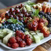 Vibrant graduation fruit table featuring fresh seasonal fruit and edible flowers, perfect for festive celebrations.