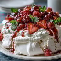 Delicate Mothers Day Pavlova with crisp meringue shell, fluffy whipped cream, and vibrant mixed berries, perfect for a festive spring dessert.