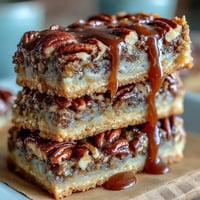 Kentucky Derby Pecan Pie Bars with bourbon glaze on a white plate, garnished with extra pecans and a drizzle of glaze.