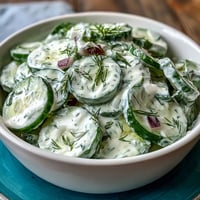 Creamy Cucumber Dill Salad with crisp cucumbers in tangy dill dressing, perfect for summer picnics and barbecues.  
