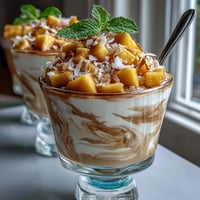 Creamy Mango Chia Pudding topped with fresh, juicy mango chunks and coconut.
