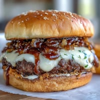 A sizzling smash burger with crispy beef edges, melty cheese, and tangy secret sauce on a toasted bun.  