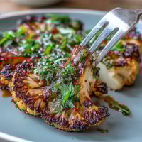 Smoky BBQ Cauliflower Steaks crowned with vibrant, zesty chimichurri sauce.