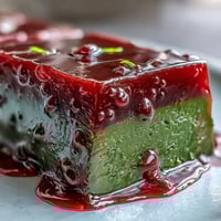 Yokan with matcha: layered Japanese red bean jelly, a refreshing, smooth dessert.