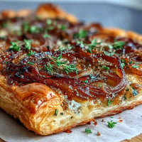 Golden French Onion Puff Pastry Tart with caramelized onions, Gruyère cheese, and fresh thyme baked to crispy perfection.  