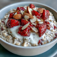 Creamy Strawberry Vanilla Overnight Oats with fresh berries ready for breakfast.