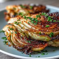 Golden roasted cabbage steaks topped with fresh lemon zest and parsley.
