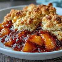 Juicy peach cobbler with biscuit topping baked golden brown and bubbling.