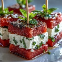 Vibrant watermelon feta bites on toothpicks, a juicy, refreshing Mediterranean appetizer.